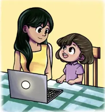 Mujer y niña frente a una computadora portátil; la niña usa internet acompañada de una adulta.