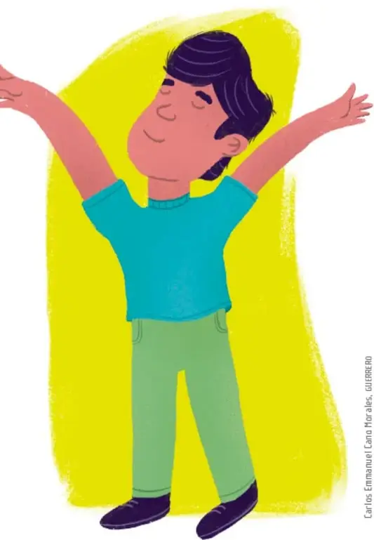 Ilustración de un niño con los brazos abiertos y los ojos cerrados, sonriendo y sintiéndose orgulloso de sí mismo, sobre un fondo amarillo.
