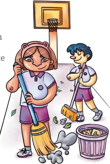 Ilustración de dos estudiantes (una niña y un niño) barriendo la cancha de básquetbol frente a un aro, con hojas y un bote de basura; crédito Lavinia Cabrera Sandoval, Tabasco.