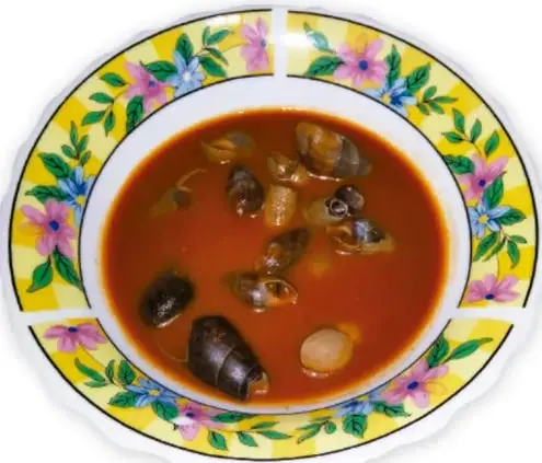 Fotografía de un plato hondo con caldo rojo de caracoles, bordeado con flores de colores. Crédito: Salatiel Barragán Santos, Veracruz.