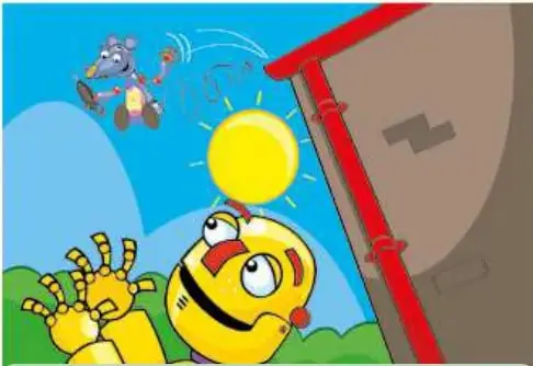 Beep feliz con el sol, texto 'Well done, Robby! Look! Now it's sunny!'