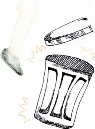 Ilustración de un zapato pateando una lata de basura y un objeto roto, representando actos de vandalismo en el espacio público.