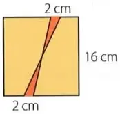 Cuadrado de lado 16 cm con segmentos de 2 cm en lados opuestos y líneas cruzadas que delimitan dos regiones triangulares sombreadas.