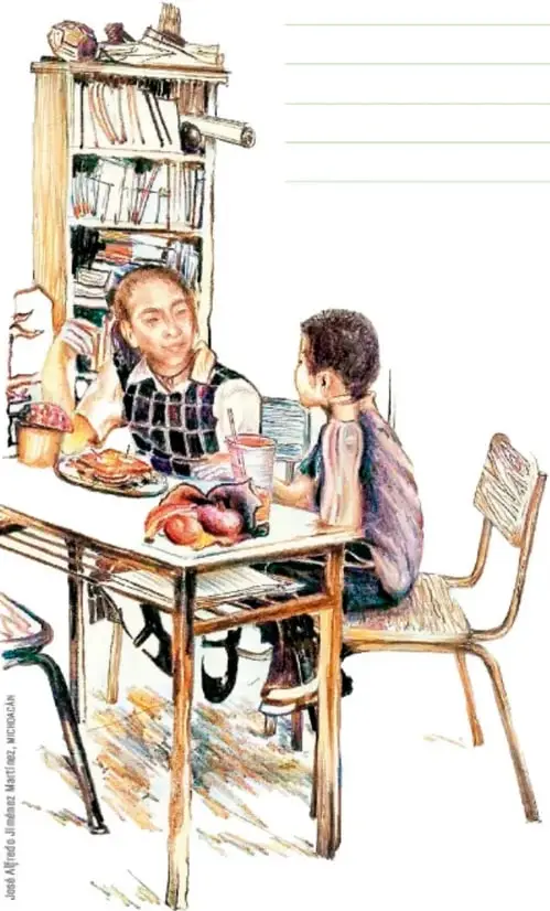Ilustración de un niño y una niña sentados a la mesa con alimentos como frutas, pan y leche; al fondo un librero con libros. Representa el momento de compartir alimentos y conversar.