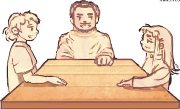 Ilustración de una familia sentada a la mesa conversando: una mujer, un hombre y una niña.