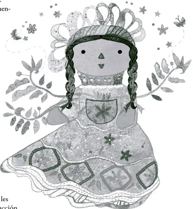 Ilustración de una niña con vestimenta tradicional mexicana, con trenzas y tocado, rodeada de flores y mariposas. Al pie: 'Tania Villanueva López, Puebla'.