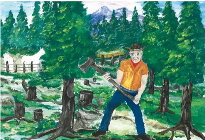 Pintura de un hombre con sombrero y camisa naranja talando un árbol con un hacha, rodeado de tocones y árboles, con un caballo blanco y una cerca al fondo y montañas nevadas; firma: Abdón Pinedo García, Zacatecas.