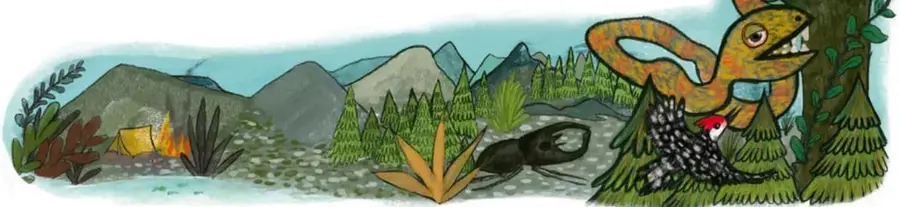 Ilustración de un bosque con montañas, un campamento con fogata, una serpiente de cascabel, un escarabajo, un pájaro carpintero y pinos.