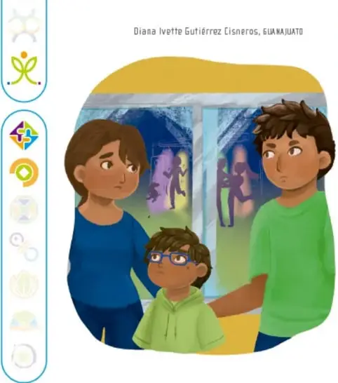 Ilustración de la familia de Armando (madre, padre e hijo) con expresión de preocupación frente a una casa donde se ven siluetas de vecinos de fiesta. Crédito: Diana Ivette Gutiérrez Cisneros, Guanajuato.
