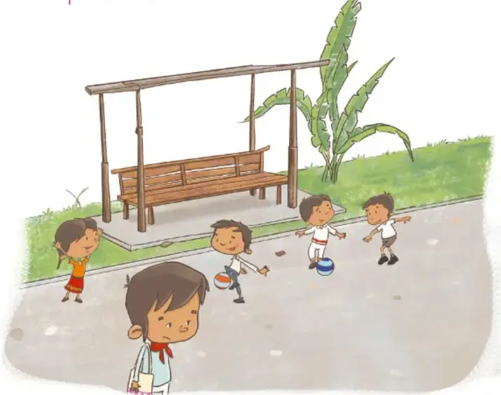 Ilustración de un niño con mochila caminando solo y triste, mientras un grupo de niños juega con pelotas cerca de un kiosco de madera y una palmera. Crédito: Maya Selene García López, Ciudad de México.