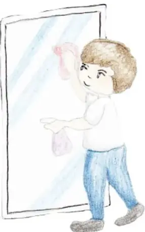 Ilustración de un niño limpiando un espejo con un paño, como ejemplo de aseo personal.