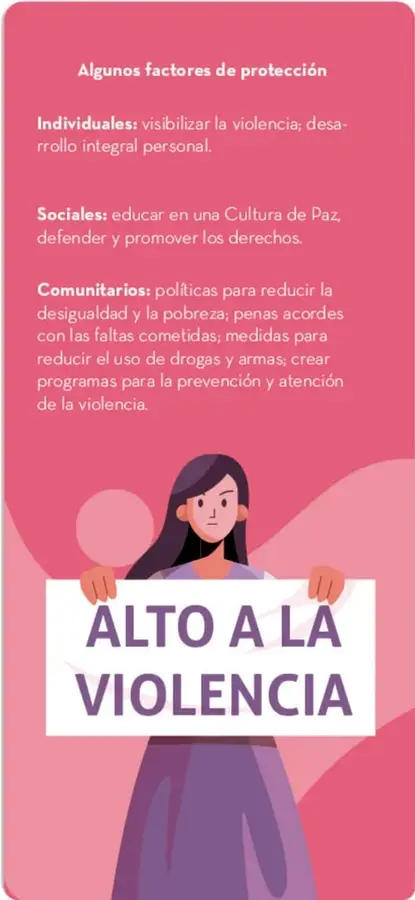 Ilustración de una persona joven sosteniendo un cartel blanco con el lema «ALTO A LA VIOLENCIA», sobre un fondo rosa.
