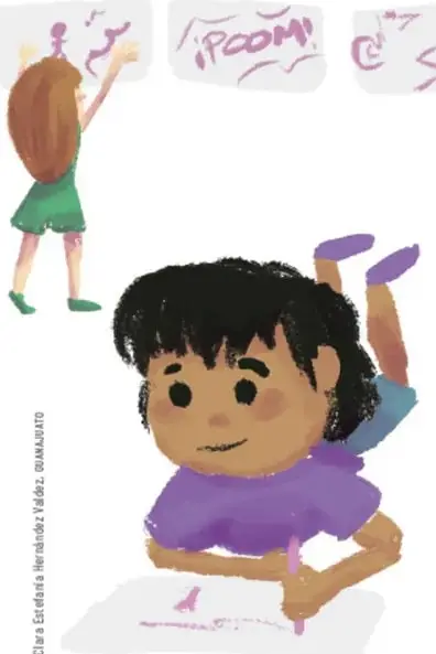 Niña de espaldas dibujando en un pizarrón con figuras y la palabra ROOM.