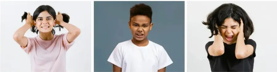 Tres fotografías de adolescentes mostrando distintas emociones: una niña sonriendo con las manos en el cabello (alegría), un joven con gesto de enojo (ira), y una joven cubriéndose los oídos con expresión de angustia (molestia/estrés).
