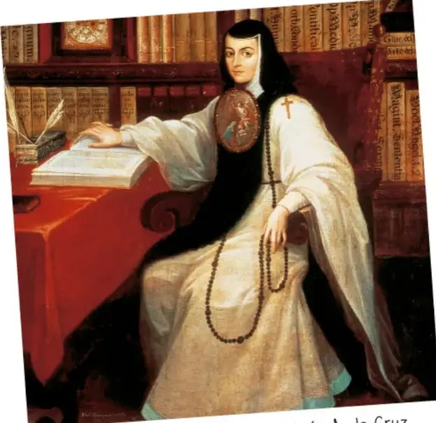 Retrato de sor Juana Inés de la Cruz sentada ante un escritorio con libros, pluma y un crucifijo, vistiendo hábito religioso.