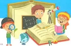 Ilustración de niños estudiando y observando materiales relacionados con el aprendizaje.