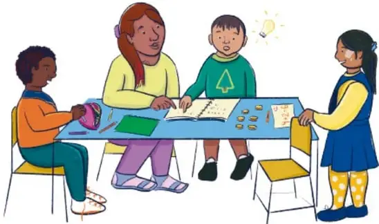 Ilustración de una maestra y tres niñas y niños trabajando con papel, tijeras y figuras en una mesa escolar; una idea surge como una bombilla sobre la cabeza del niño.