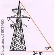 Torre eléctrica representada como un triángulo rectángulo, con base de $24\ \text{m}$ y ángulo de $42^\circ$.