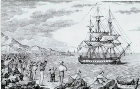 Grabado de un velero y personas en la costa durante la expedición de la vacuna.
