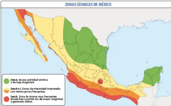 Mapa 'Zonas sísmicas de México' con tres zonas codificadas por color (verde, amarillo/naranja y rojo) y su leyenda; crédito a Juan Pablo Dorantes Pineda, Ciudad de México.
