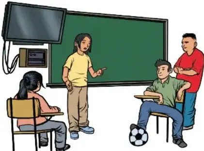 Ilustración de un aula con estudiantes frente a un pizarrón y un televisor, uno de ellos expone mientras otros escuchan; crédito: José Daniel Romero Gutiérrez, Ciudad de México.