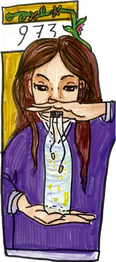 Ilustración de una niña sosteniendo una botella con agua frente a su rostro, con un cartel con el número 973 al fondo.