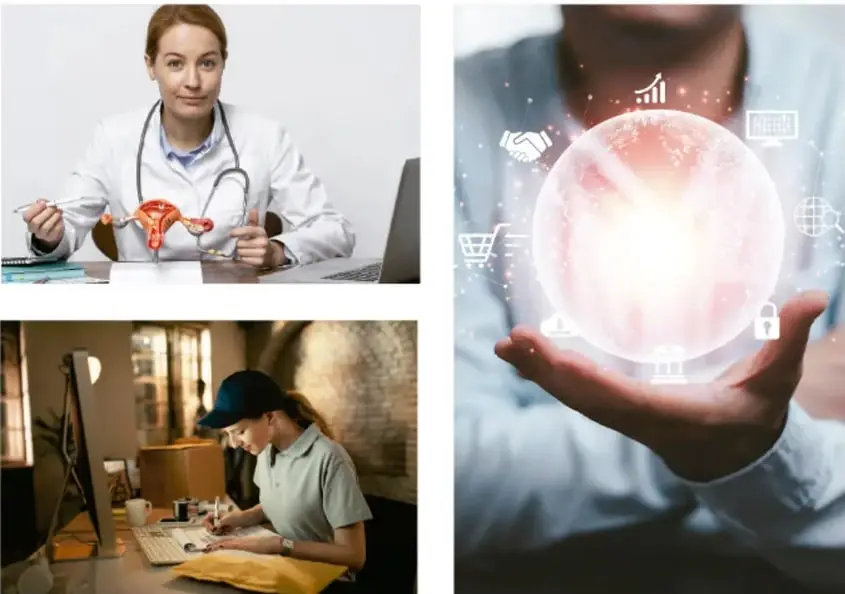 Profesional de salud con bata blanca y estetoscopio mostrando un modelo anatómico en su escritorio, junto a un equipo de cómputo; representa la innovación en el sector salud.