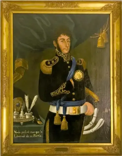 Retrato de un militar con uniforme de gala, probablemente José de San Martín, con la inscripción 'Nada prefiere más que la libertad de su Patria'.