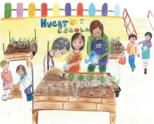 Ilustración infantil titulada 'Huerto escolar' (Ana Cecilia Gaytán Ortiz, Guanajuato): niños y niñas cuidando un huerto elevado con macetas, regaderas, colgantes y un rótulo 'HUERTO ESCOLAR' sobre una cerca de palitos de colores.