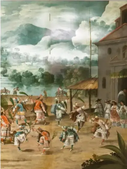 Pintura colonial que muestra una plaza o mercado novohispano con indígenas, españoles y africanos conviviendo; al fondo se observa un templo y un paisaje montañoso.