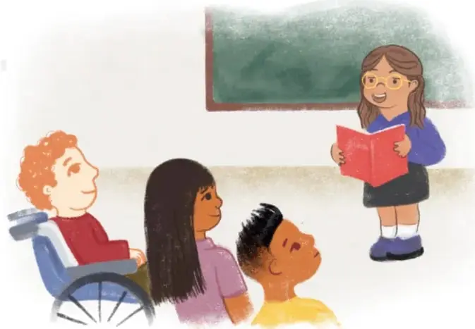 Ilustración de una maestra leyendo frente a tres estudiantes (uno en silla de ruedas) con pizarrón al fondo.
