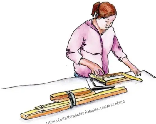 Ilustración de una persona con camisa rosa trabajando la madera sobre una mesa con herramientas, listones y una sierra. Crédito: Liliana Edith Hernández Ramales, Ciudad de México.