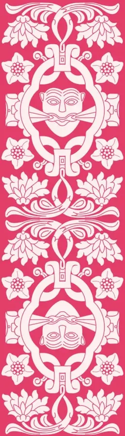 Ilustración decorativa con patrones florales y rostros estilizados en color rosa y blanco.