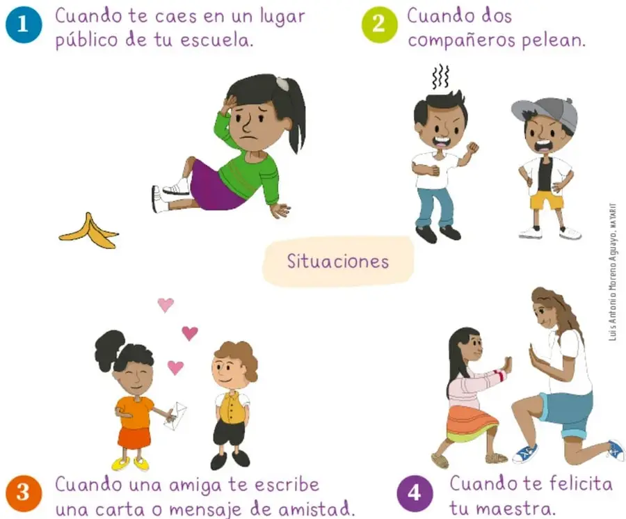 Niña con camiseta verde y pants morado sentada en el suelo con cara de dolor, junto a una cáscara de plátano; representa la situación 1 (caerse en un lugar público).