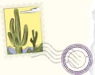 Ilustración de un paisaje desértico con cactus y un sello postal.