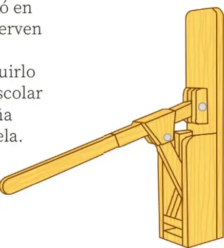 Ilustración de un compactador manual de madera: base vertical con brazo articulado y palanca horizontal para prensar.