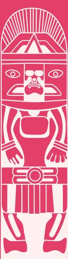 Ilustración estilizada en color rosa y blanco de una figura prehispánica o mesoamericana, con tocado radial, rostro con ojos y boca marcados, brazos extendidos y falda con franjas verticales. Ocupa toda la altura de la página.