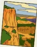 Cuadro pintado de un cañón y mesetas con cielo amarillo y azul.