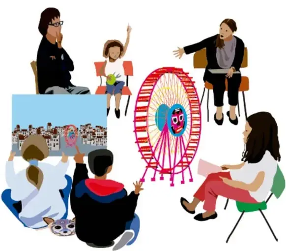 Ilustración de un grupo de personas (adultos y niños) conversando y pintando una obra con un carrusel, junto a un niño que levanta la mano; créditos a Rutila Vega Rubio, Tlaxcala.