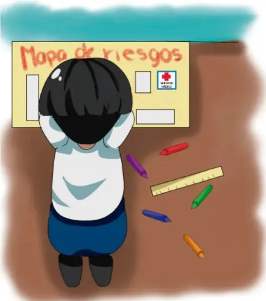 Ilustración de una alumna frente a un cartel que dice "Mapa de riesgos", con crayones y un reglón en el piso. Crédito: Dulce Estefanía Mata Medina, Tamaulipas.