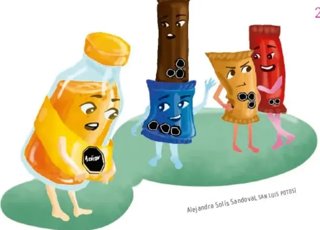 Botella, barrita de chocolate, galleta y paquete de dulces antropomórficos con sellos negros en el cuerpo, parados sobre pasto verde. Ilustración de Alejandra Solís Sandoval, San Luis Potosí.