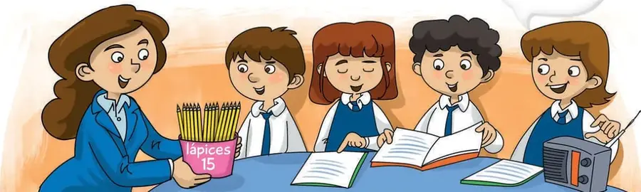 Profesora con un frasco que dice 'lápices 15' frente a un grupo de estudiantes; uno de ellos escucha música.
