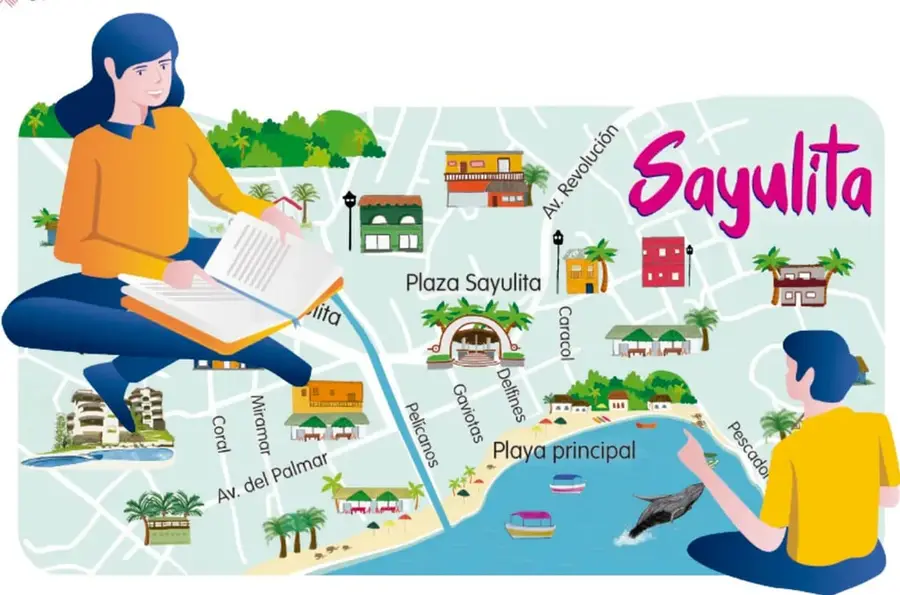 Ilustración de una niña sentada leyendo un libro gigante sobre un croquis de Sayulita, con calles, río, plaza, playa y un niño señalando el mar.
