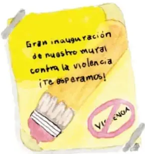 Cartel amarillo dibujado a mano que anuncia 'Gran inauguración de nuestro mural contra la violencia ¡Te esperamos!', con un puño estampado en tinta negra y la palabra 'VIOLENCIA' tachada con un círculo rosa. Crédito: Festus, Ciudad de México.