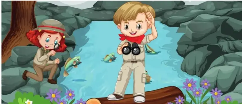 Ilustración de niños observando aves coloridas en un claro de la selva.