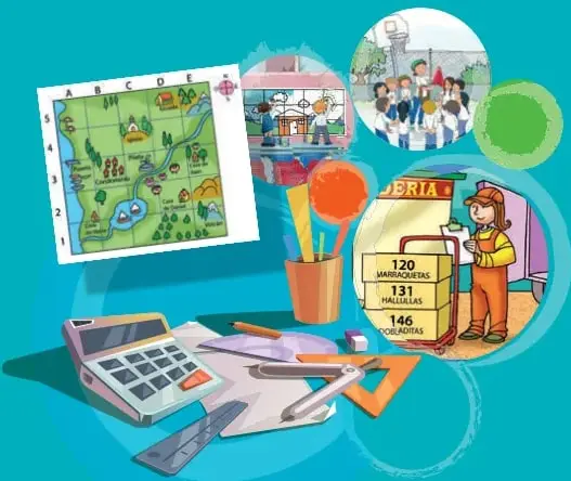 Composición circular de ilustraciones escolares: un plano o mapa de cuadrícula con coordenadas A-E y 1-5, una caja registradora o almacén, un grupo de niños con su profesor en el colegio, un lápiz, una regla triangular, tijeras, una calculadora y un letrero de 'MALLAS con precios 120, 131 y 146'.