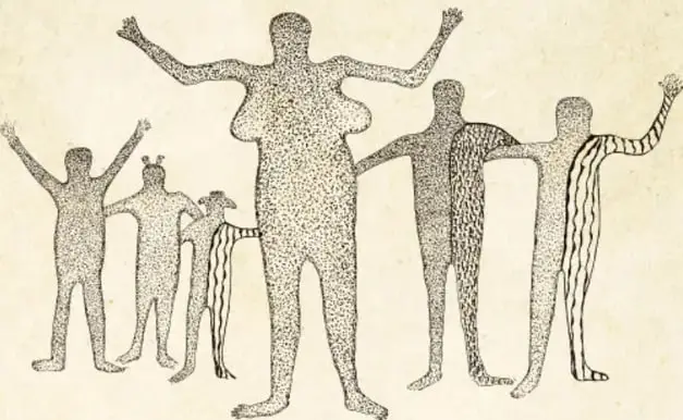 Ilustración de figuras humanas estilizadas con los brazos levantados, dibujadas con técnica de punteado, que representan a los nómadas en actitud ritual.