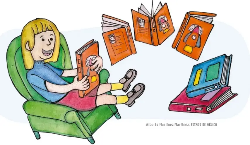 Ilustración de una niña en un sillón verde leyendo, rodeada de libros y un equipo de cómputo. Crédito: Alberto Martínez Martínez, Estado de México.