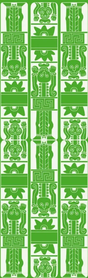 Franja decorativa verde con tres columnas de motivos prehispánicos estilizados: máscaras, plantas, figuras con brazos levantados y grecas, en blanco sobre verde.