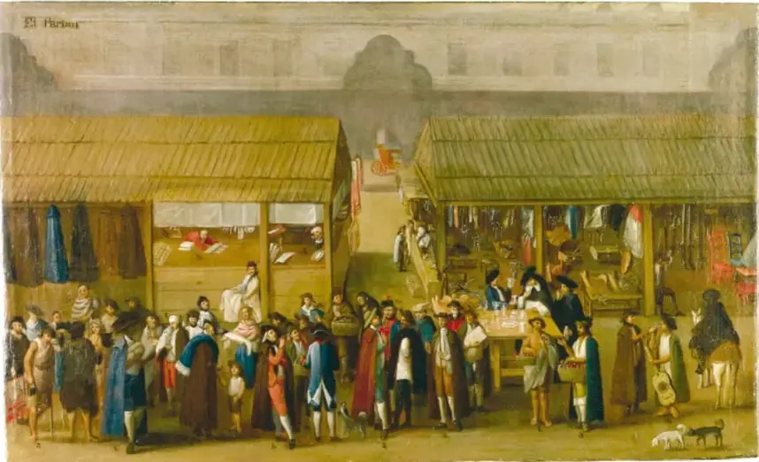 Ilustración de una plaza o mercado colonial conucos con muchas personas conversando, puestos de mercancías y animales, representando la vida comunitaria.